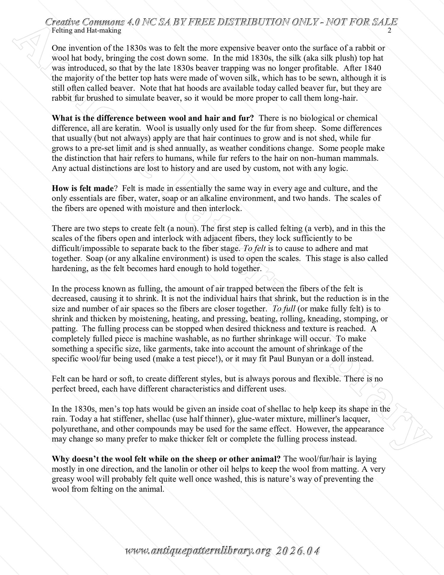 Q-HW001 Interpreting Felting and Hat-Making at Lincoln's New Salem State Historic Site (1830s)